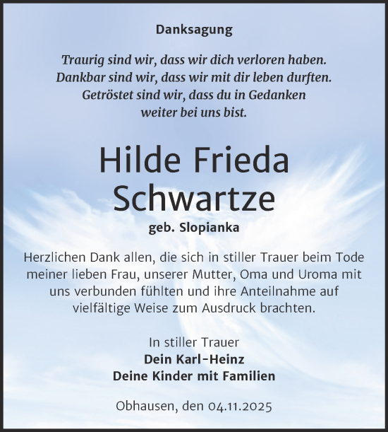 Traueranzeige von Hilde Frieda Schwartze von Trauerkombi Merseburg