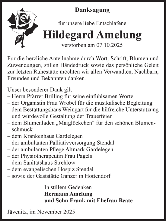 Traueranzeige von Hildegard Amelung von Volksstimme Altmark Ost