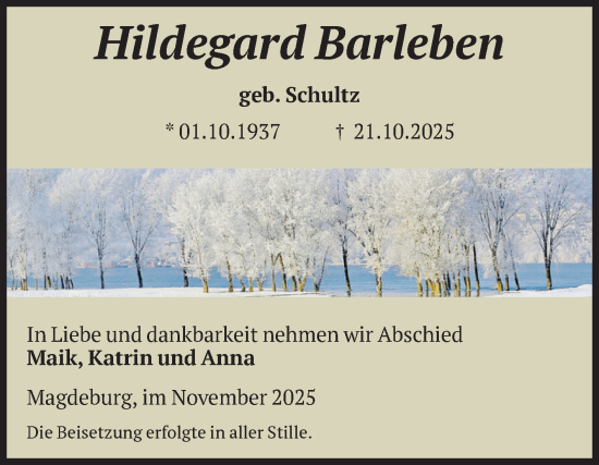 Traueranzeige von Hildegard Barleben von Volksstimme Magdeburg