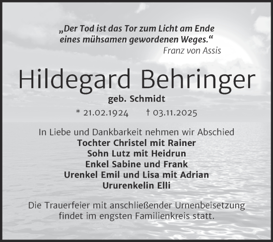 Traueranzeige von Hildegard Behringer von Trauerkombi Dessau
