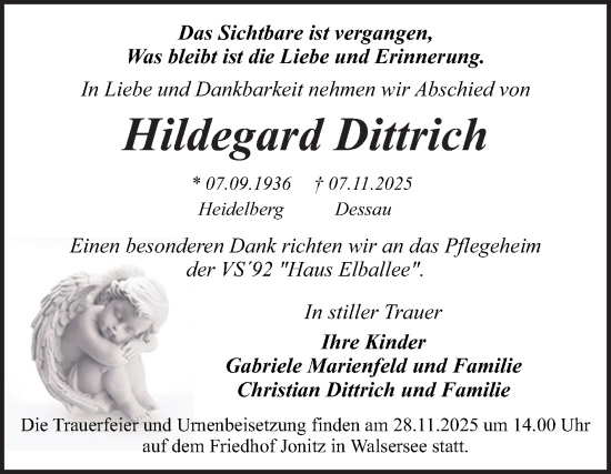Traueranzeige von Hildegard Dittrich von Mitteldeutsche Zeitung Dessau-Roßlau