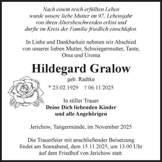 Traueranzeige von Hildegard Gralow von Volksstimme Altmark Ost