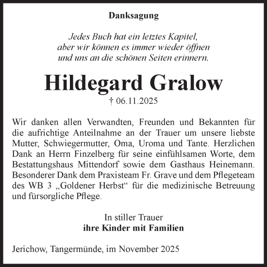 Traueranzeige von Hildegard Gralow von Volksstimme Altmark Ost