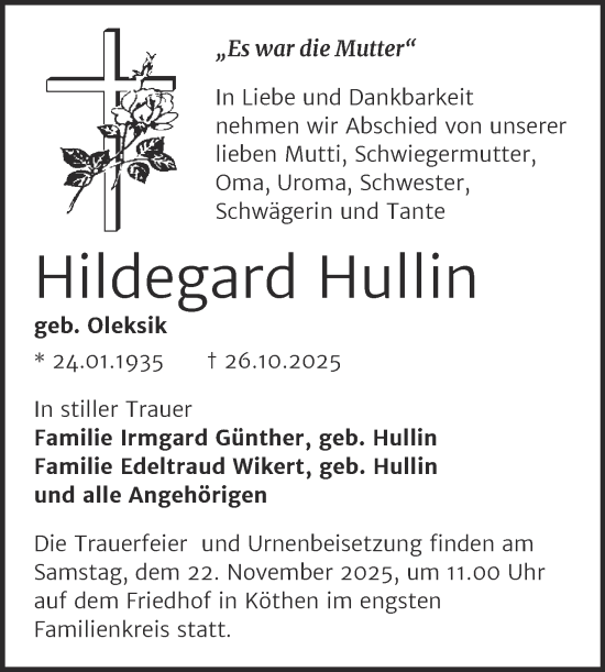 Traueranzeige von Hildegard Hullin von Trauerkombi Köthen