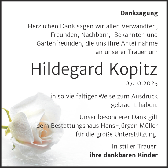 Traueranzeige von Hildegard Kopitz von Trauerkombi Aschersleben