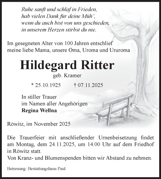 Traueranzeige von Hildegard Ritter von Volksstimme Altmark West