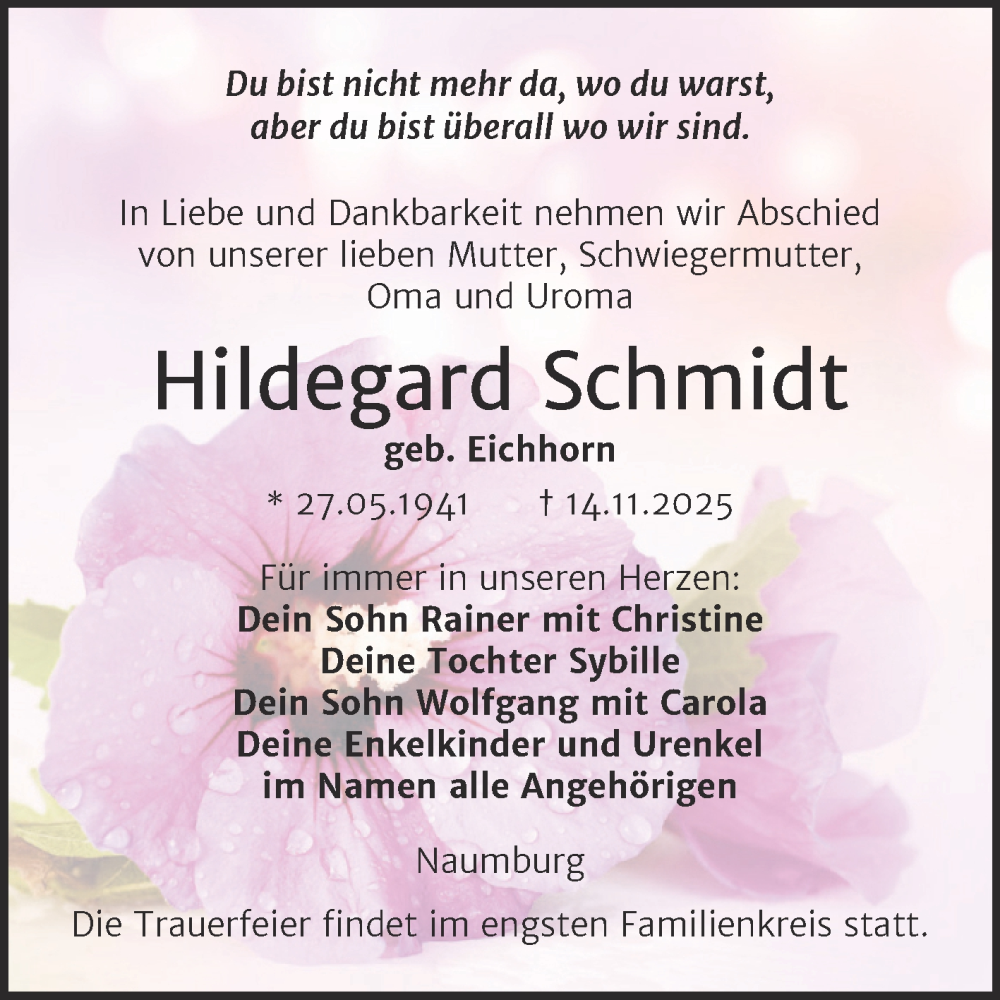  Traueranzeige für Hildegard Schmidt vom 22.11.2025 aus Super Sonntag Naumburg/Nebra