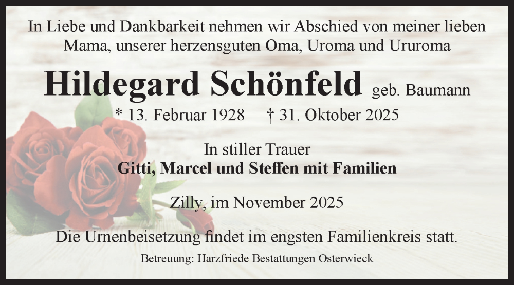  Traueranzeige für Hildegard Schönfeld vom 15.11.2025 aus Volksstimme Halberstadt