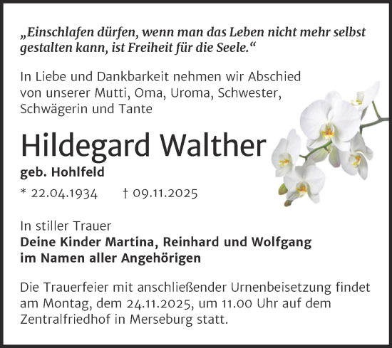 Traueranzeige von Hildegard Walther von Trauerkombi Merseburg