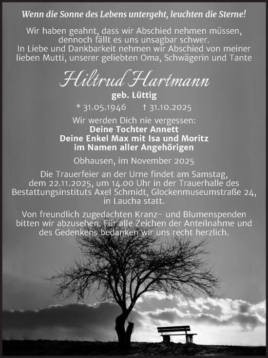 Traueranzeige von Hiltrud Hartmann von Trauerkombi Merseburg