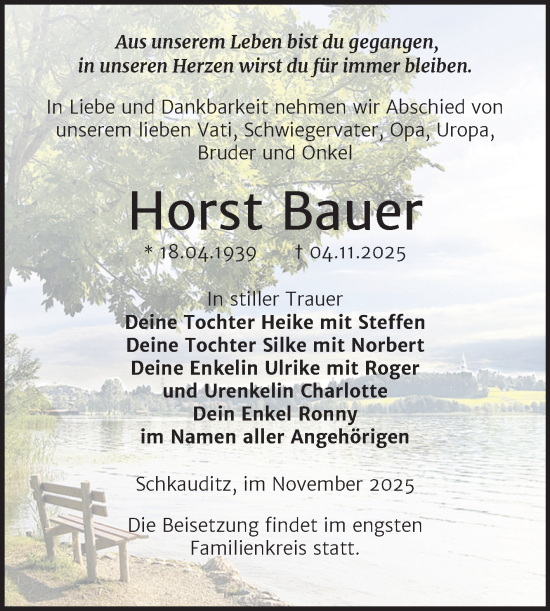 Traueranzeige von Horst Bauer von Trauerkombi Zeitz