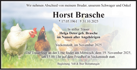 Traueranzeige von Horst Brasche von Volksstimme Wernigerode
