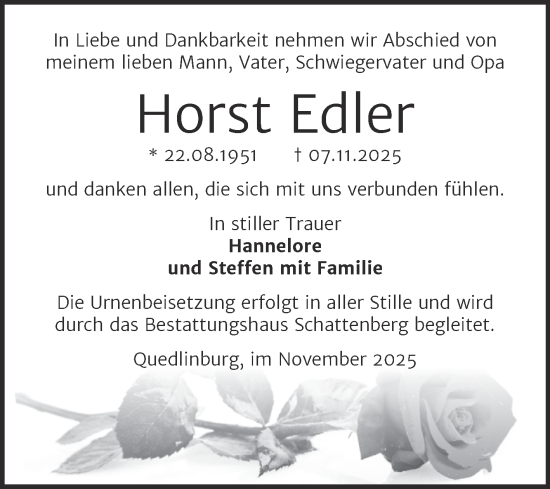 Traueranzeige von Horst Edler von Trauerkombi Quedlinburg