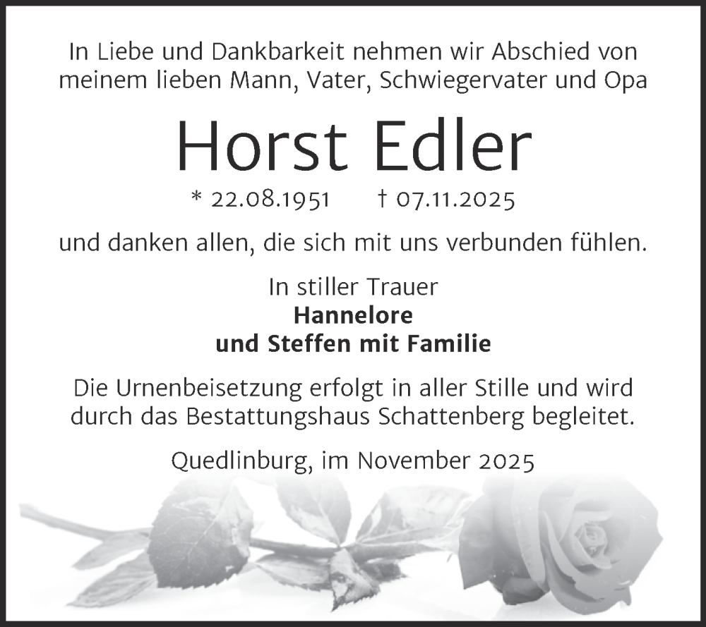  Traueranzeige für Horst Edler vom 15.11.2025 aus Trauerkombi Quedlinburg