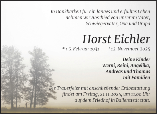 Traueranzeige von Horst Eichler von Mitteldeutsche Zeitung Quedlingburg