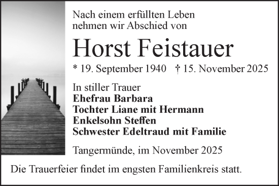 Traueranzeige von Horst Feistauer von Volksstimme Altmark Ost