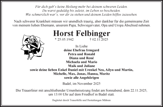 Traueranzeige von Horst Felbinger von Volksstimme Altmark West