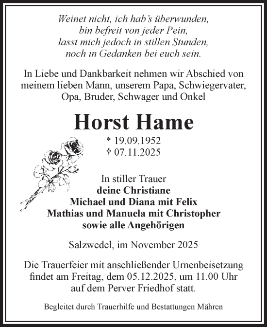 Traueranzeige von Horst Hame von Volksstimme Altmark West