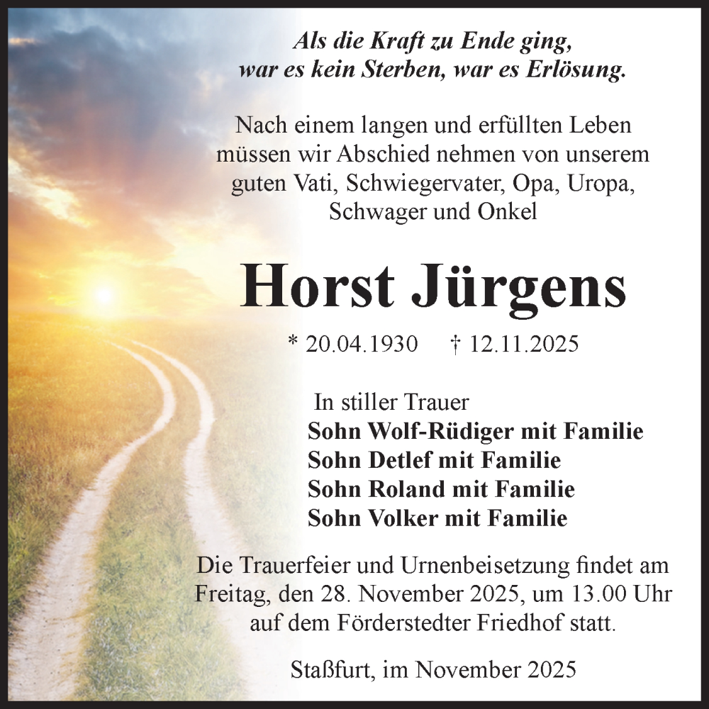  Traueranzeige für Horst Jürgens vom 15.11.2025 aus 
