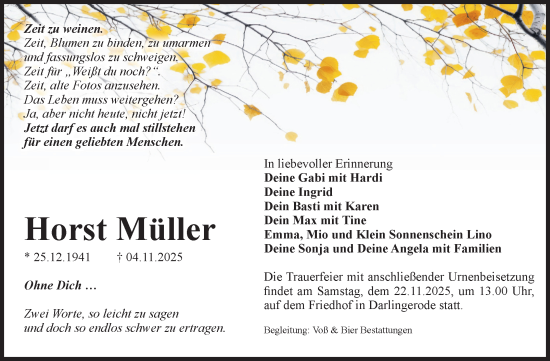 Traueranzeige von Horst Müller von Volksstimme Wernigerode