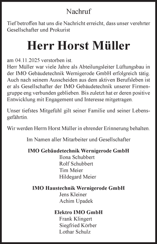 Traueranzeige von Horst Müller von Volksstimme Wernigerode
