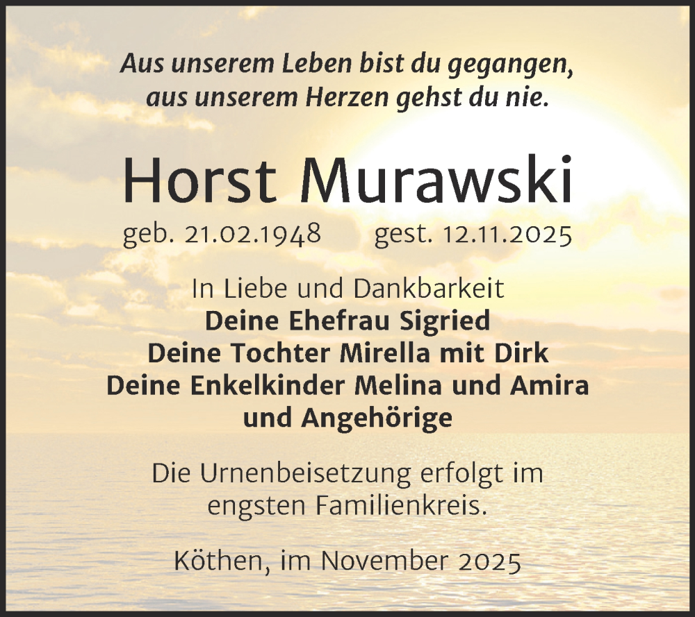  Traueranzeige für Horst Murawski vom 22.11.2025 aus Trauerkombi Köthen