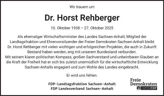 Traueranzeige von Horst Rehberger von Volksstimme Magdeburg