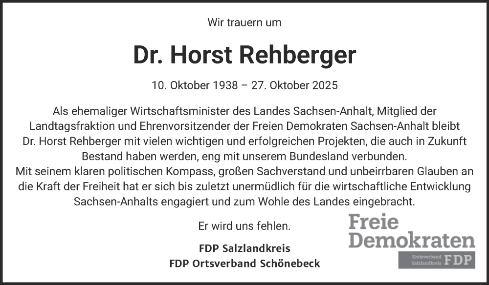  Traueranzeige für Horst Rehberger vom 01.11.2025 aus Volksstimme Schönebeck
