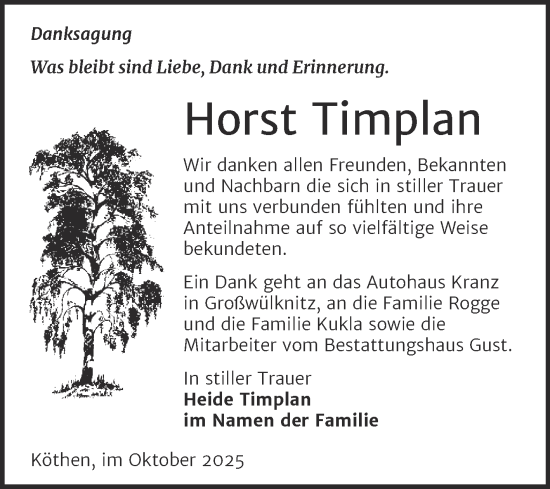 Traueranzeige von Horst Timplan von Trauerkombi Köthen