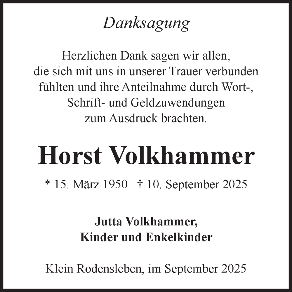  Traueranzeige für Horst Volkhammer vom 08.11.2025 aus Volksstimme Oschersleben/Wanzleben