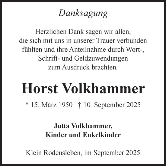 Traueranzeige von Horst Volkhammer von Volksstimme Oschersleben/Wanzleben