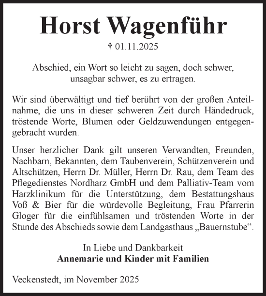 Traueranzeige von Horst Wagenführ von Volksstimme Wernigerode