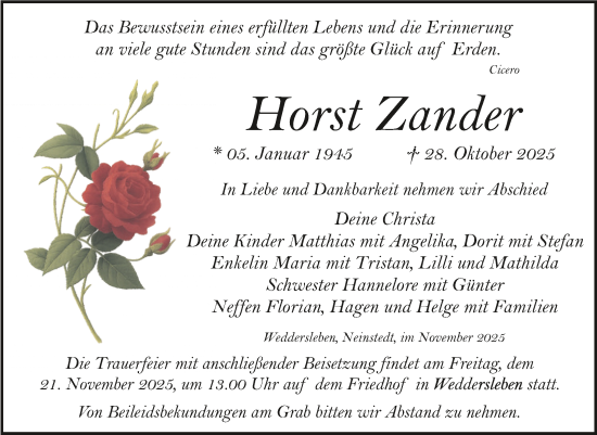 Traueranzeige von Horst Zander von Trauerkombi Quedlinburg