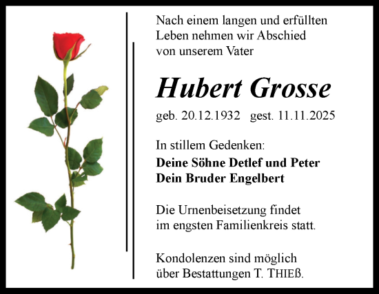 Traueranzeige von Hubert Grosse von Trauerkombi Quedlinburg