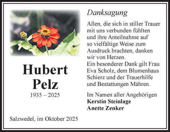 Traueranzeige von Hubert Pelz von Volksstimme Altmark West