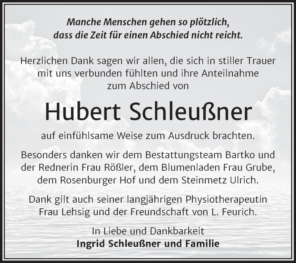  Traueranzeige für Hubert Schleußner vom 15.11.2025 aus Trauerkombi Köthen