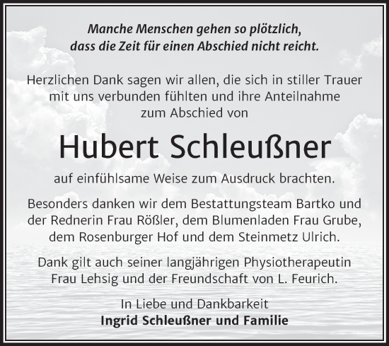 Traueranzeige von Hubert Schleußner von Trauerkombi Köthen