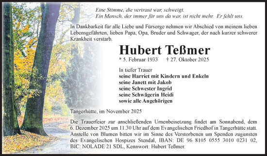 Traueranzeige von Hubert Teßmer von Volksstimme Altmark Ost