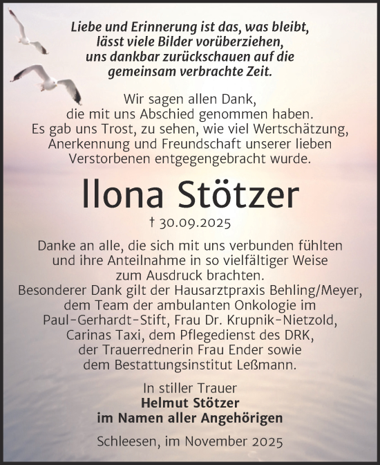 Traueranzeige von Ilona Stötzer von Trauerkombi Wittenberg