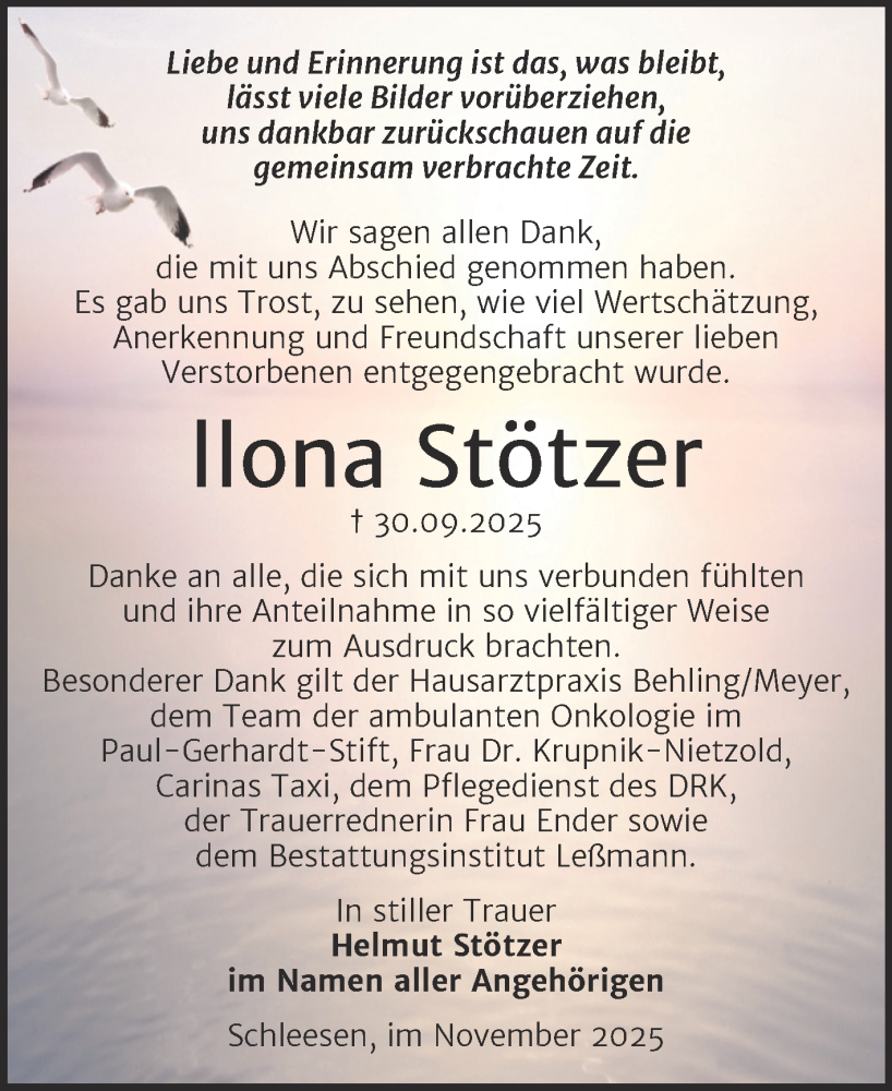  Traueranzeige für Ilona Stötzer vom 08.11.2025 aus Trauerkombi Wittenberg