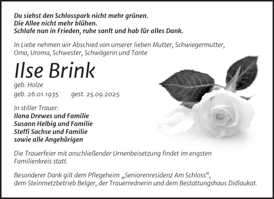 Traueranzeige von Ilse Brink von Trauerkombi Quedlinburg