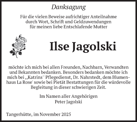 Traueranzeige von Ilse Jagolski von Volksstimme Altmark Ost
