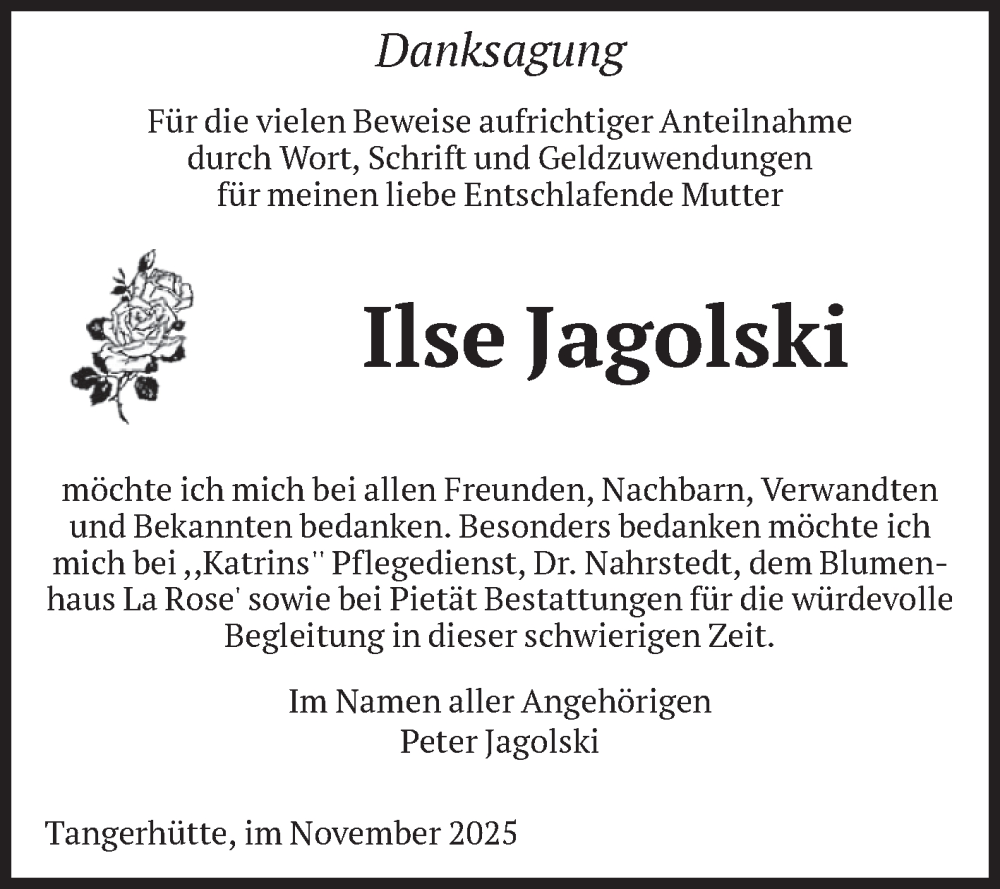  Traueranzeige für Ilse Jagolski vom 08.11.2025 aus Volksstimme Altmark Ost