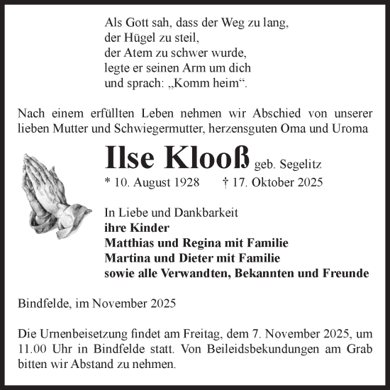 Traueranzeige von Ilse Klooß von Volksstimme Altmark Ost