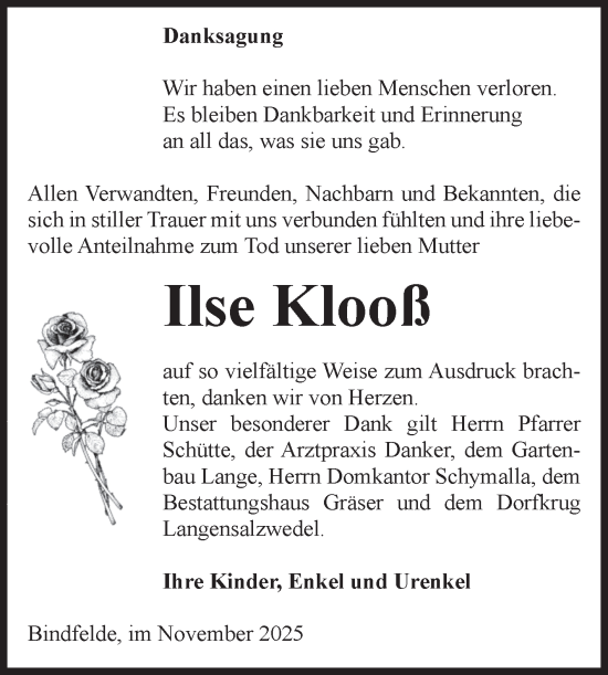 Traueranzeige von Ilse Klooß von Volksstimme Altmark Ost