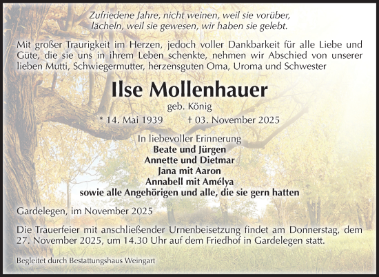 Traueranzeige von Ilse Mollenhauer von Volksstimme Altmark West