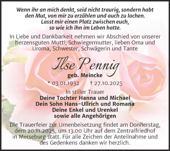Traueranzeige von Ilse Pennig von Trauerkombi Merseburg
