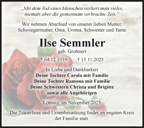 Traueranzeige von Ilse Semmler von Volksstimme Staßfurt