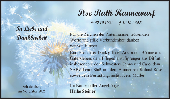 Traueranzeige von Ilse Ruth Kannewurf von Trauerkombi Aschersleben