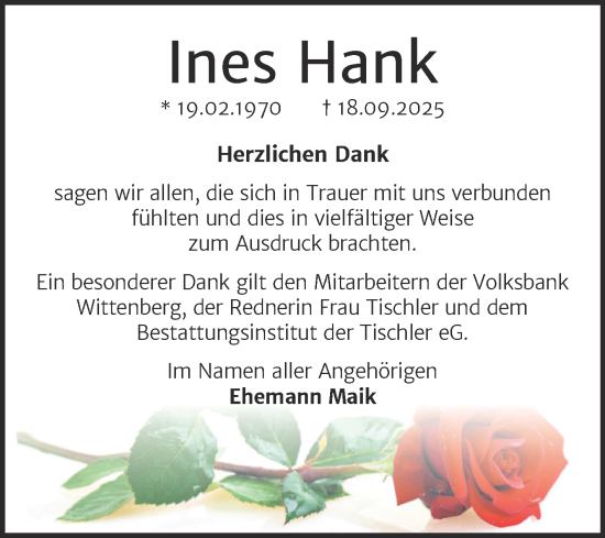 Traueranzeige von Ines Hank von Trauerkombi Wittenberg